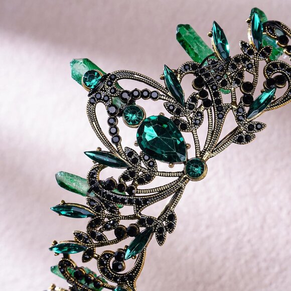 Gothic Rhinestone Fairy Crown Green Vintage Queen Costume Headpiece - Picture 6 of 6
